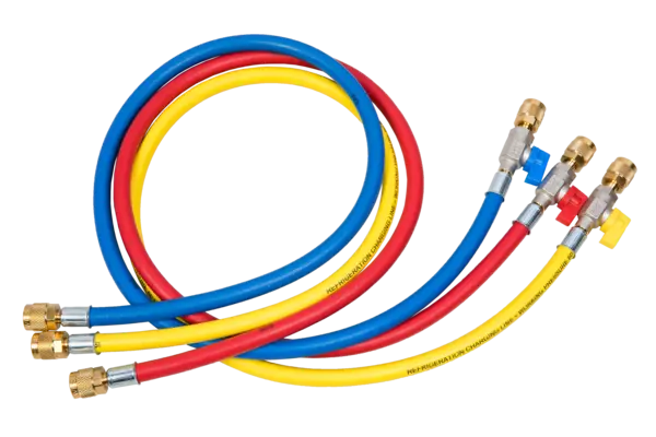 Set di 3 tubi flessibili con valvola a sfera, R410A/R32, 60"/150 cm blu, rosso & giallo - Set of charging hose R410A