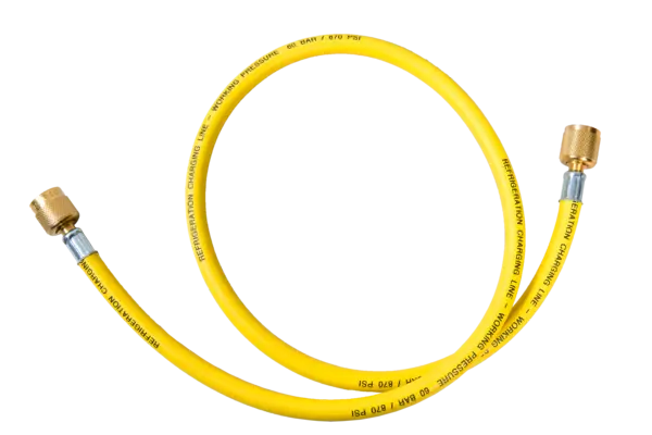 Tubo flessibile speciale d'aspirazione e di carica, giallo, 60"/150cm Diametro interno: 9,5 mm (3/8"), connessioni: 3/8" SAE + 1/4" SAE, senza depressore, con guarnizione neoprene - Charging hose