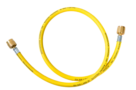 Tubo flessibile speciale d'aspirazione e di carica, giallo, 60"/150cm Diametro interno: 9,5 mm (3/8"), connessioni: 3/8" SAE + 1/4" SAE, senza depressore, con guarnizione neoprene - Charging hose