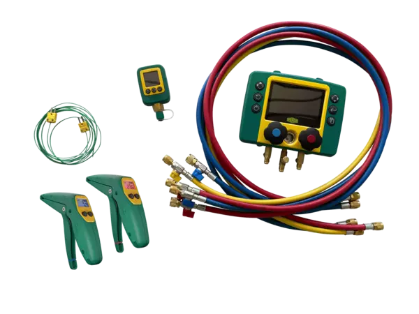 Gruppo manometrico digitale a 2 vie con 5 tubi flessibili, valvola a sfera, 2 sensori di temperatura tipo K, 2 pinze di temperatura wireless e Vacoumetro digitale senza fili