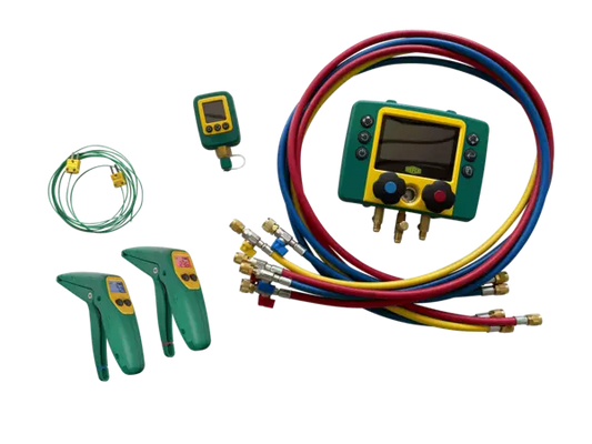 Gruppo manometrico digitale a 2 vie con 5 tubi flessibili, valvola a sfera, 2 sensori di temperatura tipo K, 2 pinze di temperatura wireless e Vacoumetro digitale senza fili