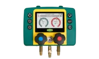 Gruppo manometrico digitale a 2 vie con 5 tubi flessibili, valvola a sfera, 2 sensori di temperatura tipo K, 2 pinze di temperatura wireless e Vacoumetro digitale senza fili