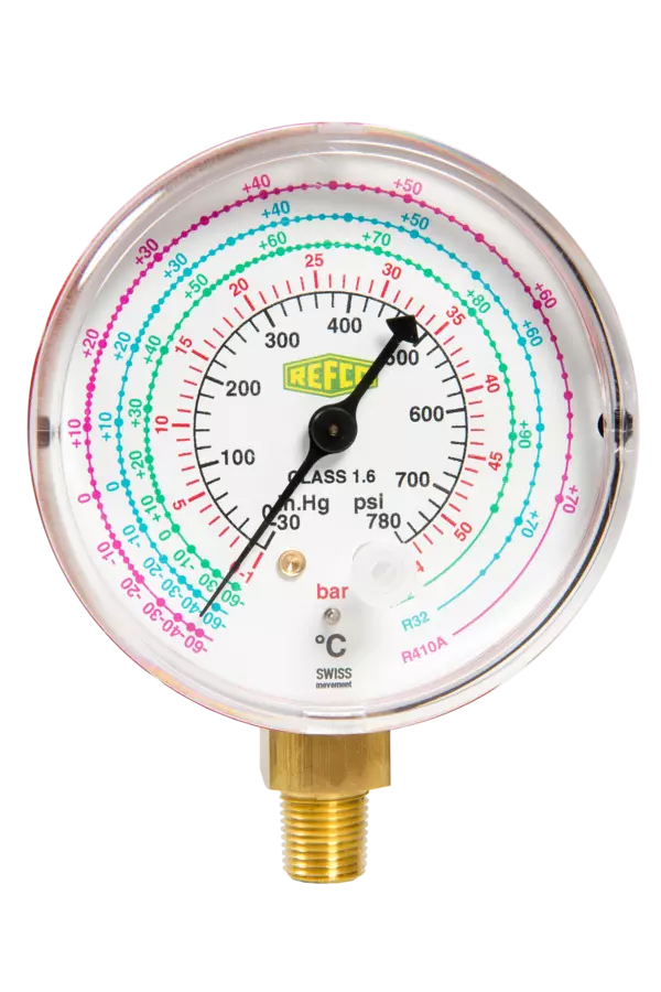 Manometro tipo Bourdon, DN 68, 1/8" NPT verticale Classe 1.6, con vite d'azzeramento, scala per pressione: bar / psi, per R22, R407C & R410A 1