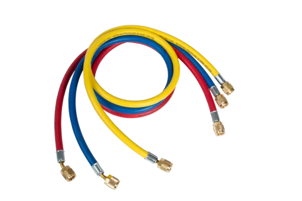 Set di 3 tubi flessibili 1/4"SAE, 60"/150 cm blu, rosso & giallo, 1x diritto 1/4" SAE, 1x angolato 1/4" SAE con depressore  9881276