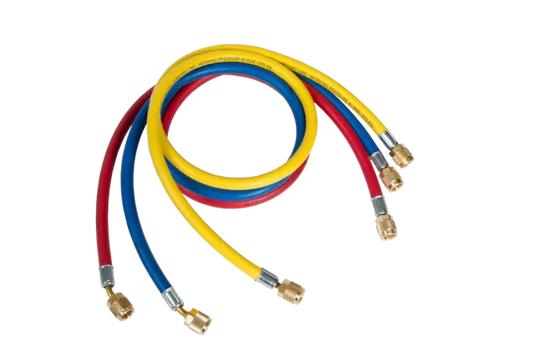 Set di 3 tubi flessibili 1/4"SAE, 60"/150 cm blu, rosso & giallo, 1x diritto 1/4" SAE, 1x angolato 1/4" SAE con depressore  9881276