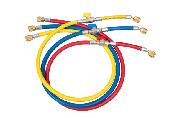 Set di 3 tubi flessibili con valvola a sfera, 60"/150 cm blu, rosso & giallo, valvola a sfera integrato nel tubo, 1x diritto 1/4" SAE, 1x angolato 1/4" SAE con depressore 4668533