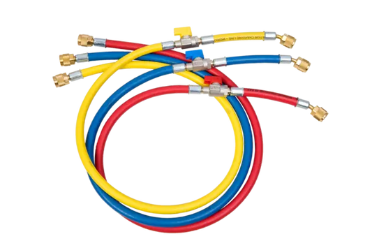 Set di 3 tubi flessibili con valvola a sfera, 60"/150 cm blu, rosso & giallo, valvola a sfera integrato nel tubo, 1x diritto 1/4" SAE, 1x angolato 1/4" SAE con depressore 4668533