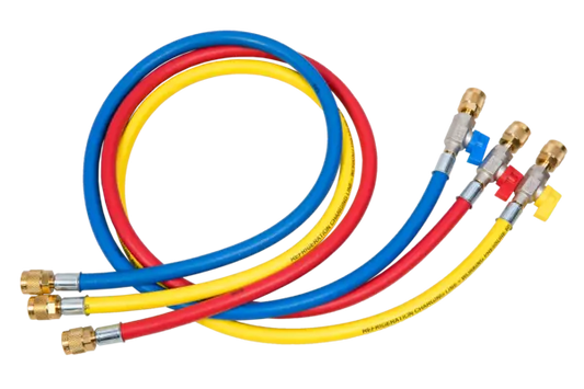 Set di 3 tubi flessibili con valvola a sfera, R410A/R32, 60"/150 cm blu, rosso & giallo - Set of charging hose R410A