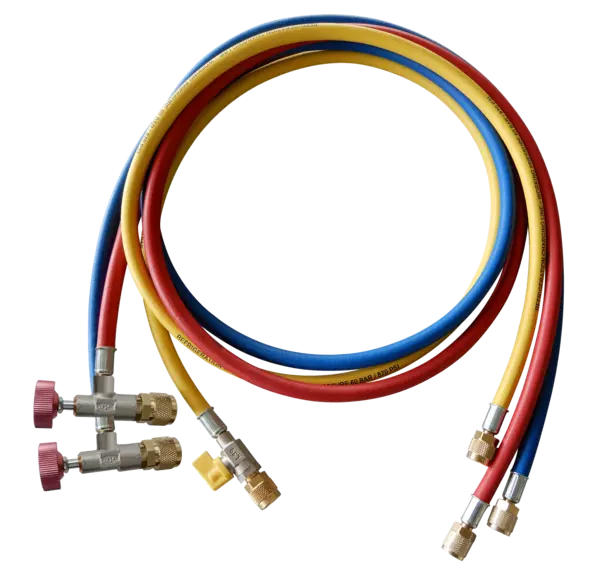 Set di 3 tubi flessibili con valvola di controllo dell'accesso, 1/4" SAE, 60"/150 cm, blu e rosso con valvola di controllo dell'accesso A-38410, 5/16" SAE, giallo 1/4" SAE con valvola a sfer 4688596