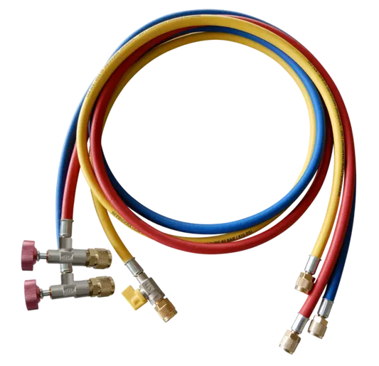 Set di 3 tubi flessibili con valvola di controllo dell'accesso, 1/4" SAE, 60"/150 cm, blu e rosso con valvola di controllo dell'accesso A-38410, 5/16" SAE, giallo 1/4" SAE con valvola a sfer 4688596